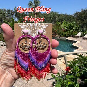 Handmade Beaded Queen Long Fringe Dangle Drop Lightweight Post Hoop Earrings Wow